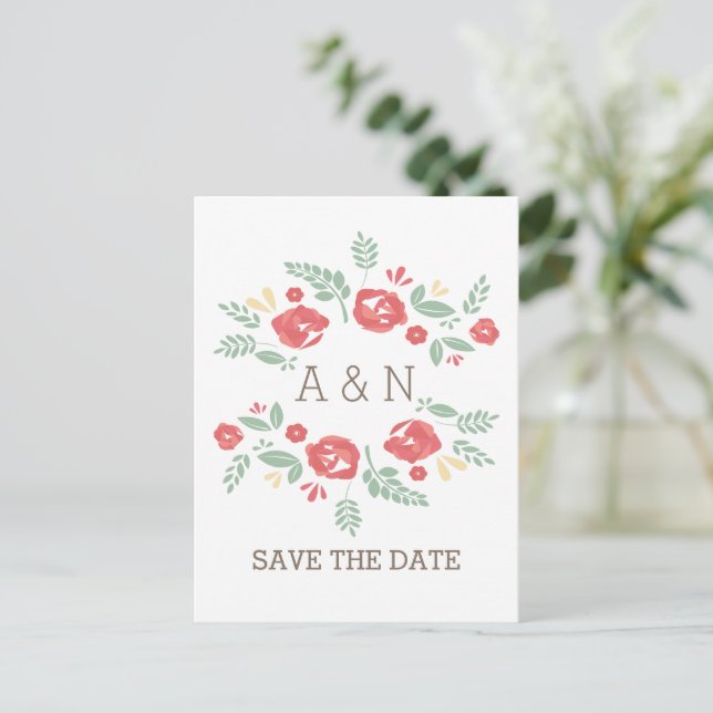 Red Country Floral Monogram Save the Date Postcard (Standing Front)