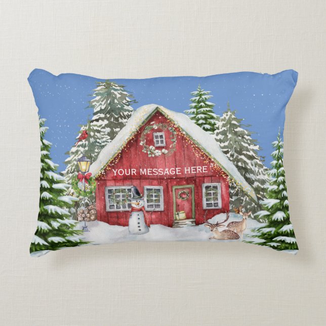 Red Country House Snow Christmas Scene   Accent Pillow (Front)