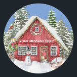 Red Country House Snow Christmas Scene Name Classic Round Sticker<br><div class="desc">The perfect Christmas scene -- snow falling; snow covered trees; the house decorated with lights; a snowman in front; deer out front. For yourself or very special as a gift. Personalize the message as you wish. Any design issues or questions, just email: charmdesignstudio@rcn.com and we will be delighted to assist....</div>