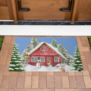 Red Country House Snow Holiday Scene  Doormat