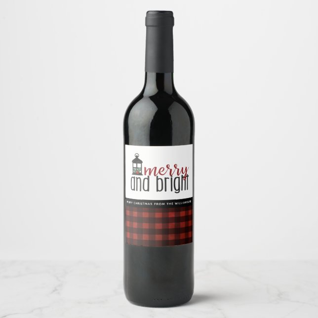 Red Country Plaid Christmas Trees Hand Lettered  Wine Label (Front)
