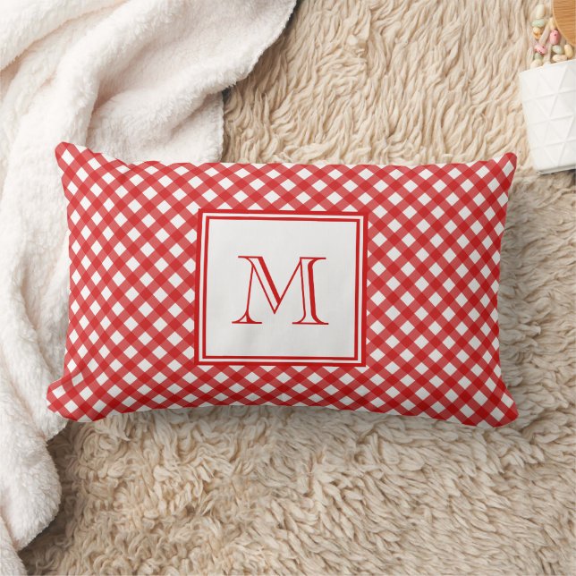 Red Country Style Gingham Pattern Monogram Lumbar Pillow (Blanket)