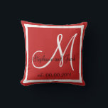 red couple/Family/Wedding keepsake pillow<br><div class="desc">Personalized Pink, Black and White monogrammed pillow with bride and groom names and wedding date in decorative script.Solid tan coloured background. Makes a great gift for newly weds. Elegant, trendy, accessory for your bedroom, favourite chair, or any room in your families home. Customize with your names, monogram initial and wedding...</div>