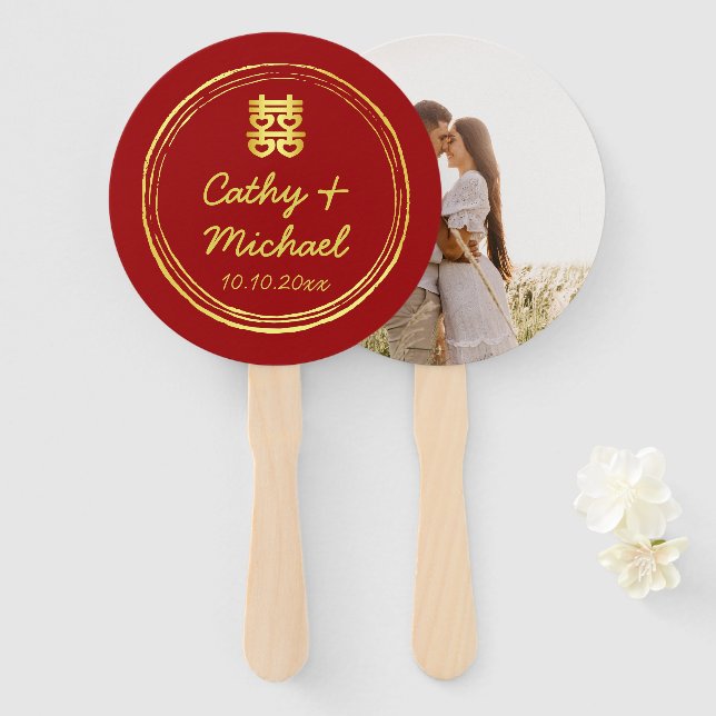 Red Couple photo Chinese wedding double happiness  Hand Fan (Front and Back)