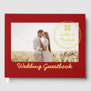 Red Couple photo with stamp logo Chinese wedding Guest Book