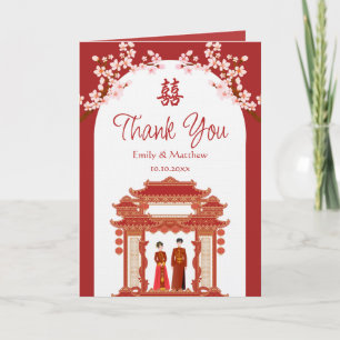 Red couple temple cherry blossom Chinese wedding Thank You Card