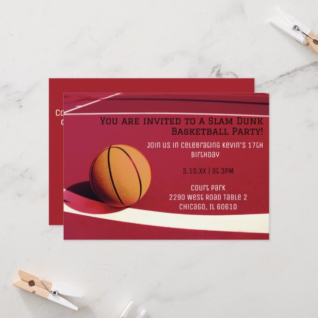 Red court basketball  party invitation (Front/Back In Situ)