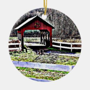 Red Covered Bridge Landscape Ceramic Ornament