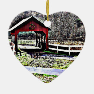 Red Covered Bridge Landscape Ceramic Ornament