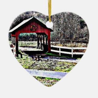 Red Covered Bridge Landscape Ceramic Ornament