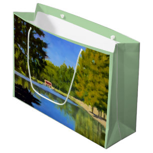 Red Covered Bridge on Serene Lake in Yellow Blue Large Gift Bag