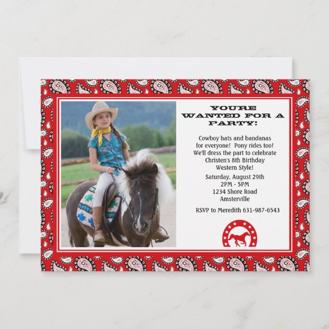 Red Cowboy Bandana Photo Invitation (Front)