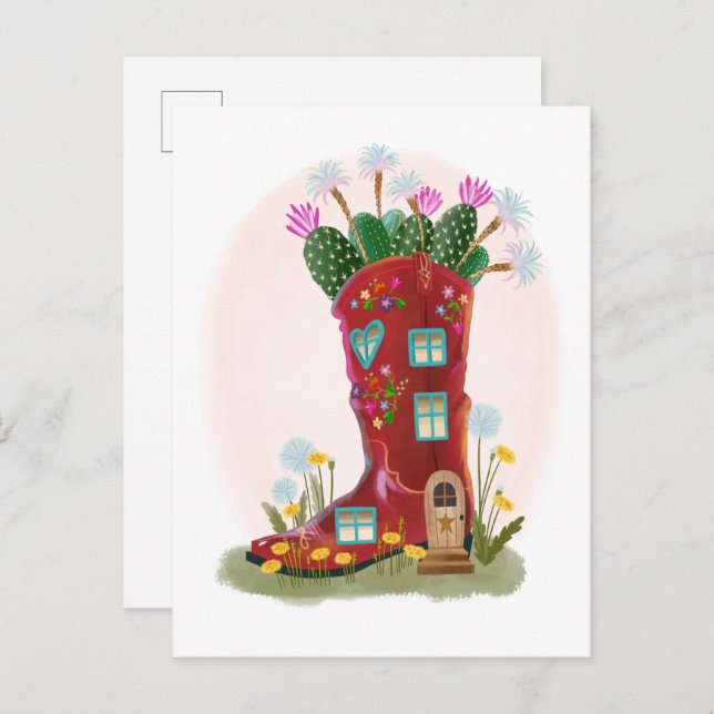 Red Cowboy Boot and Cactus Postcard (Front/Back)