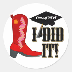 Red Cowboy Boot Graduation Classic Round Sticker