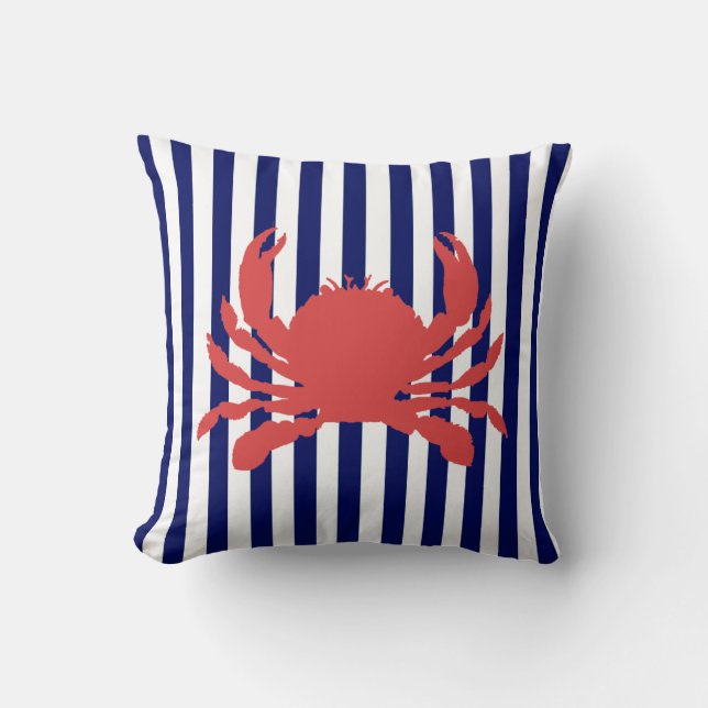 Red Crab and Navy Stripe Throw Pillow (Front)