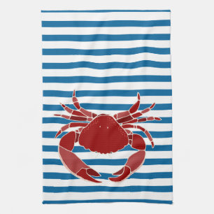 Red Crab Blue and White Stripe Kitchen Towel