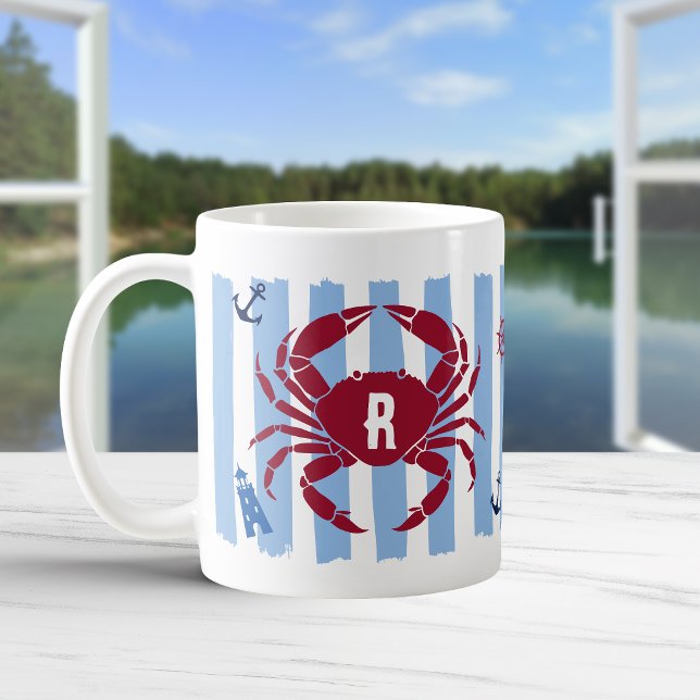 Red Crab Blue Stipes Maritime Icons Monogram Coffee Mug (Creator Uploaded)