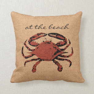 Red Crab Illustration - Nautical Burlap Beach Home Throw Pillow