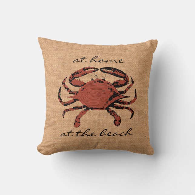 Red Crab Illustration Nautical Burlap Beach - Home Throw Pillow (Front)