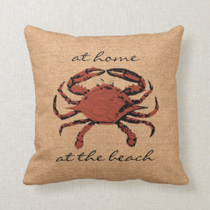 Red Crab Illustration Nautical Burlap Beach - Home Throw Pillow