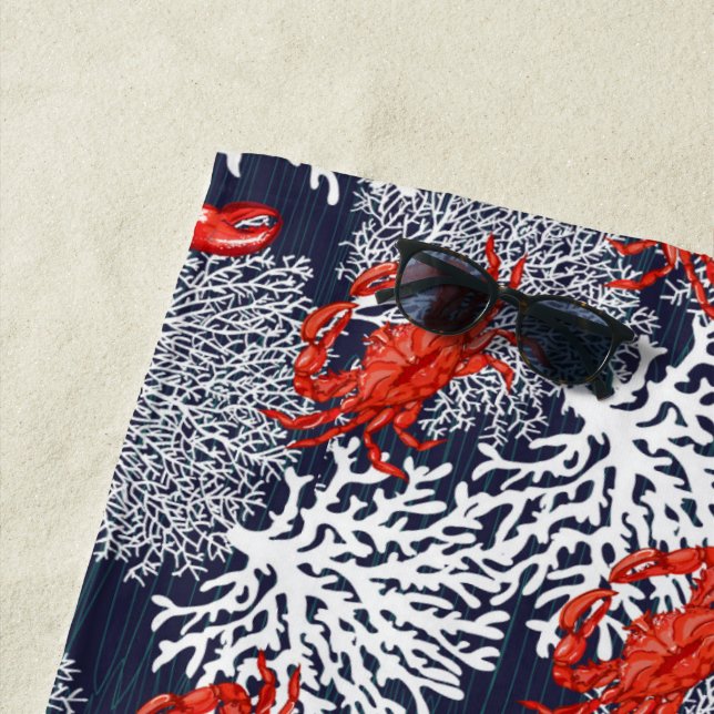 Red Crab Lobster Coral Pattern Navy Personalized Beach Towel (In Situ)