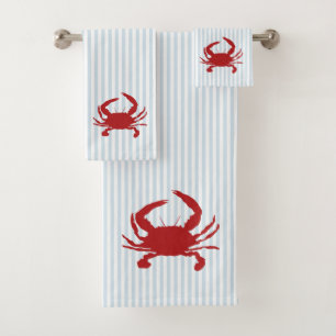 Red Crab Nautical Blue Stripe Painting Bath Towel Set