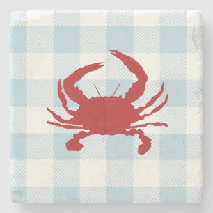 Red Crab Nautical Gingham Check  Stone Coaster