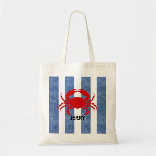 Red Crab on Blue Denim Stripes Tote Bag
