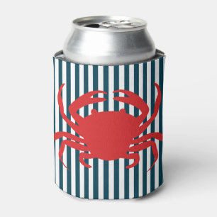 Red Crab on Nautical Stripes Can Cooler
