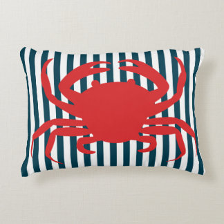 Red Crab on Nautical Stripes Decorative Pillow