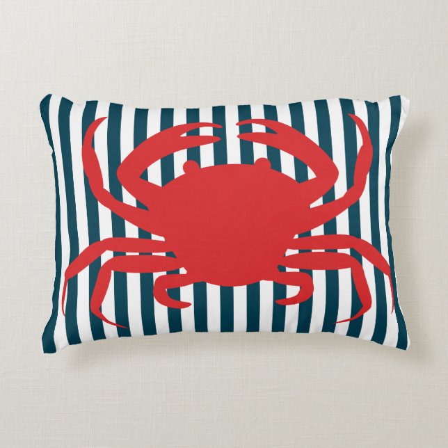 Red Crab on Nautical Stripes Decorative Pillow (Front)