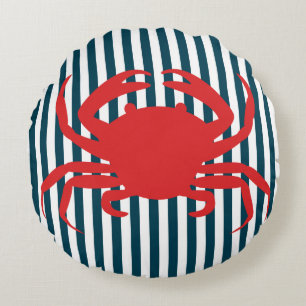 Red Crab on Nautical Stripes Round Pillow
