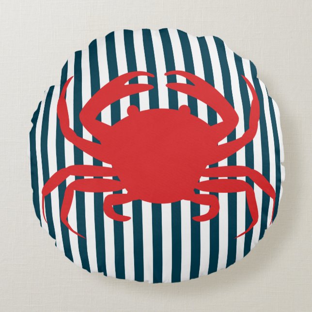 Red Crab on Nautical Stripes Round Pillow (Front)