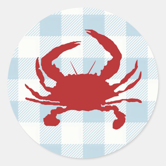 Red Crab Painting Nautical Blue Gingham Check Classic Round Sticker (Front)