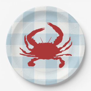 Red Crab Painting Nautical Blue Gingham Coastal Paper Plate