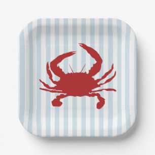 Red Crab Painting Nautical Stripe  Paper Plate