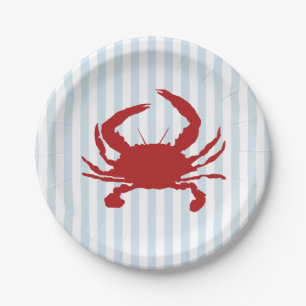 Red Crab Painting Nautical Stripe Paper Plates