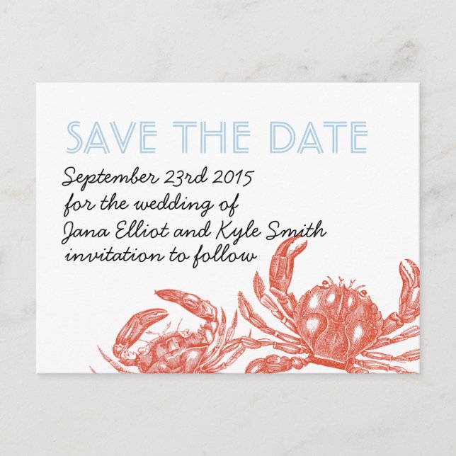 Red Crab Save the Date Announcement Postcard (Front)