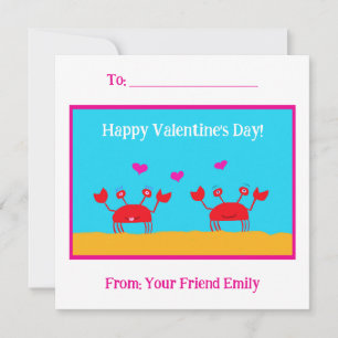 Red Crabs Hearts Friendship Kids Valentine's Day Holiday Card