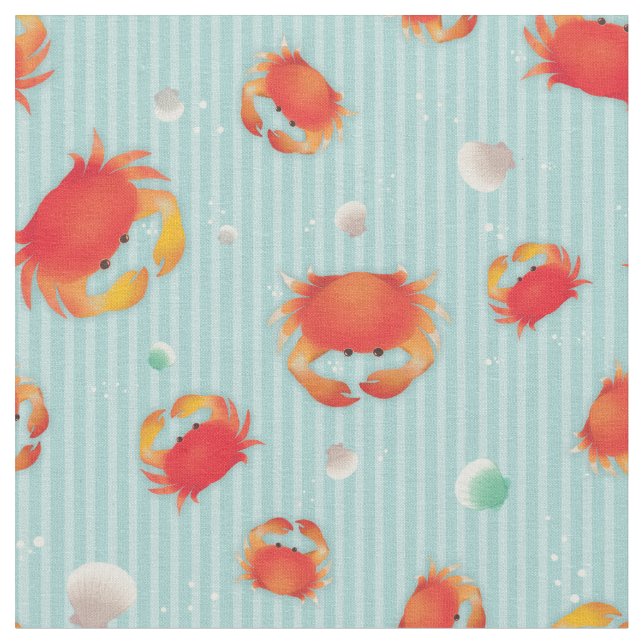 Red Crabs & Sea Shells with Stripes Fabric (Close Up)