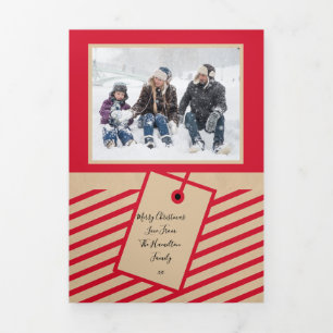 Red Craft Paper Photo Personalized Christmas Tri-Fold Holiday Card