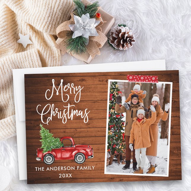 Red Craft Tape Calligraphy Christmas Truck Wood Holiday Card (Customize to add text to back of card.)