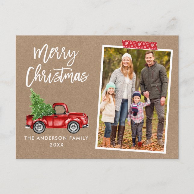 Red Craft Tape Truck Brush Script Kraft Christmas Postcard (Front)