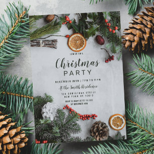 Red Cranberry Orange Winter Pinetree Christmas Invitation