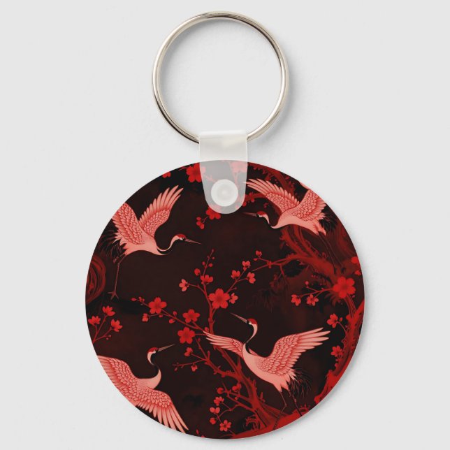 Red Crane Cherry Blossom Chinoiserie Pattern Keychain (Front)