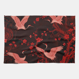 Red Crane Cherry Blossom Chinoiserie Pattern Kitchen Towel