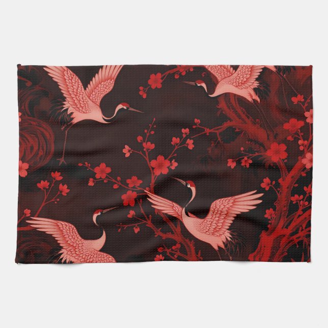 Red Crane Cherry Blossom Chinoiserie Pattern Kitchen Towel (Horizontal)