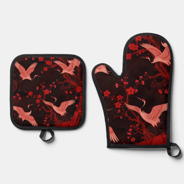 Red Crane Cherry Blossom Chinoiserie Pattern Oven Mitt & Pot Holder Set (Front)
