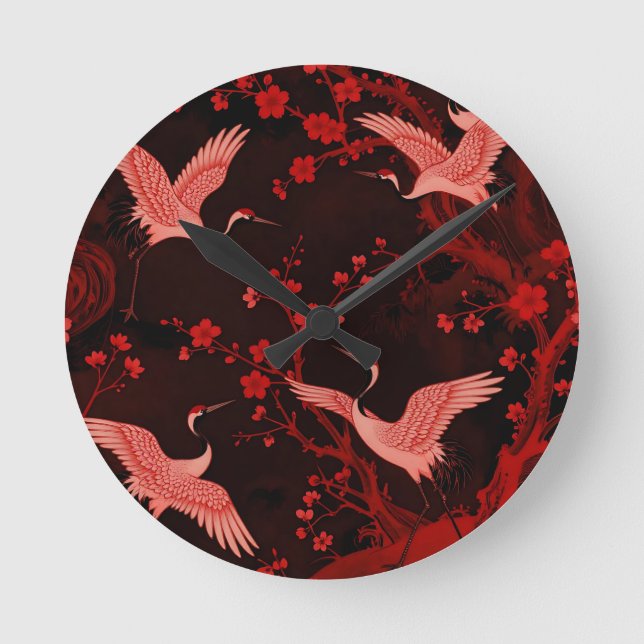 Red Crane Cherry Blossom Chinoiserie Pattern Round Clock (Front)
