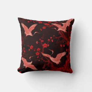 Red Crane Cherry Blossom Chinoiserie Pattern Throw Pillow